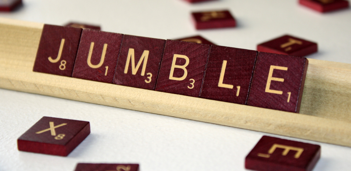 Scrabble tile spell 'Jumble'